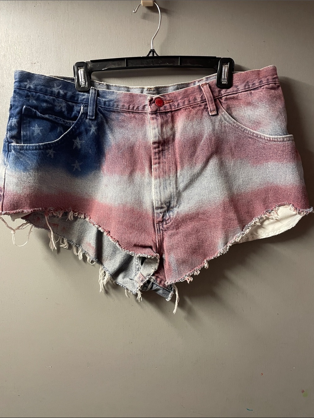 Hand Painted American Flag High-Rise Denim Shorts cut off - Blue/Red/White  40